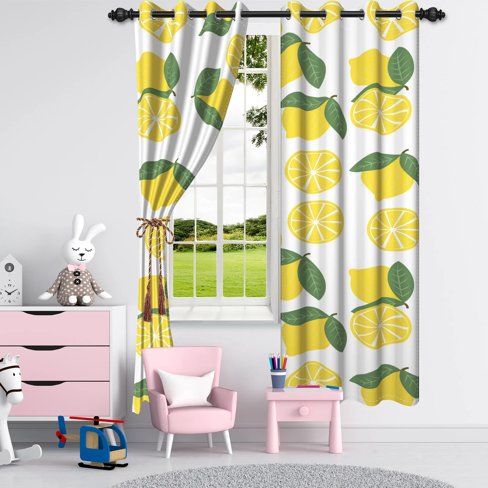 2pcs/set Fresh Fruits Print Polyester Window Curtains Green Apple Pink Peach Watermelon Decor Living Room Bedroom Blackout Drape