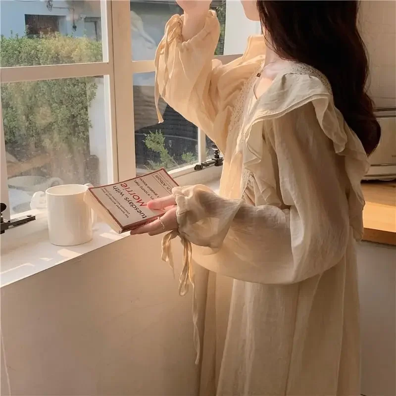 Vintage Women\'s Sleepwear Princess Dress Royal Style Cotton Square Neck Pajamas Sleepshirts Hollow out Lace Nightgowns Nightwear