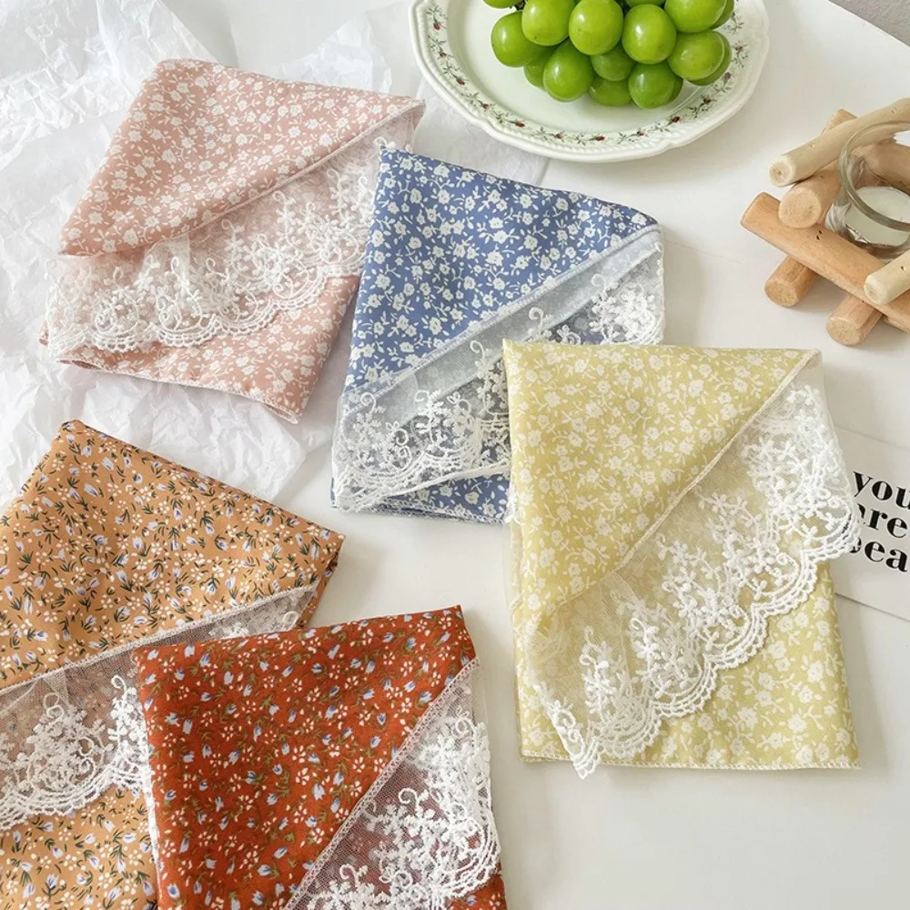 New French Style Triangle Scarf Small Flowers Lace Turban Bandana Hair Accessories Fabric Headbands for Spring Summer