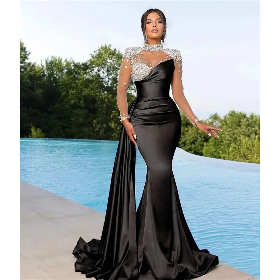 Sexy Mermaid Rhinestones Satin Crystals Evening Gowns For Women Proms High Neck Illusion Custom Made Robes De Soirée