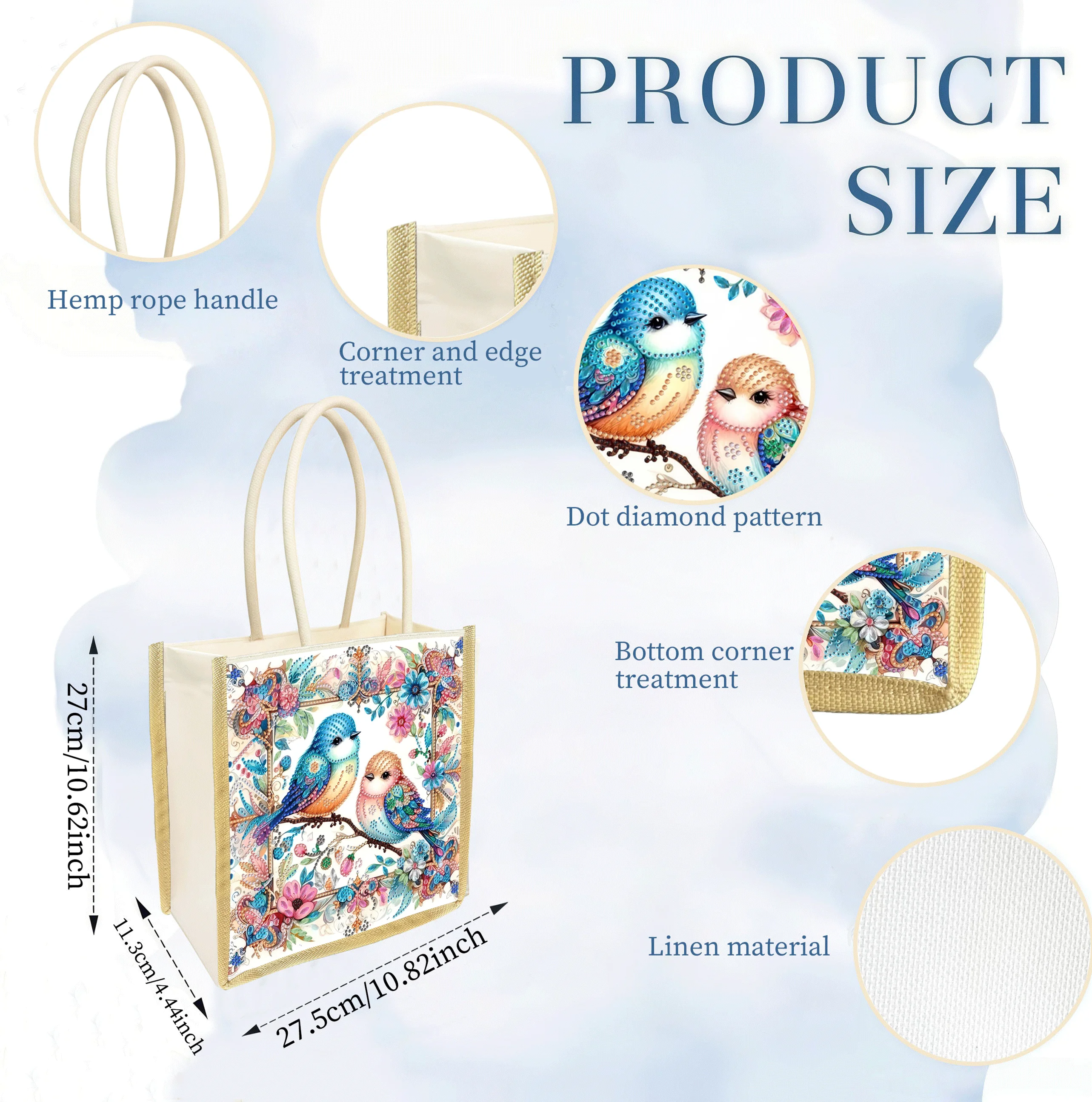 1 Piece of Diamond Painting Shopping bag, bird Pattern, Canvas Material, Replaceable Pattern, a pack of multi-Purpose, high-capa