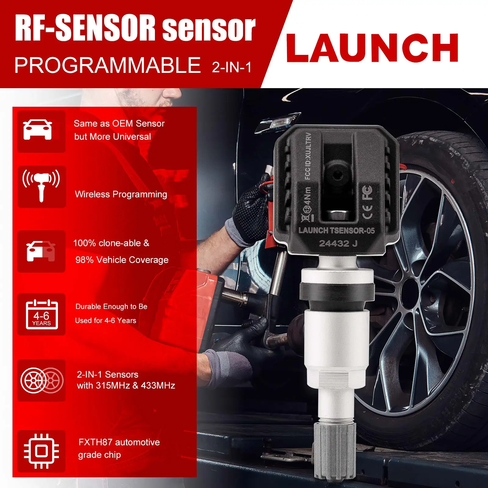 4PCS Launch LTR-05 RF-sensor 315MHz en 433MHz TPMS-sensortool Metaal en rubber