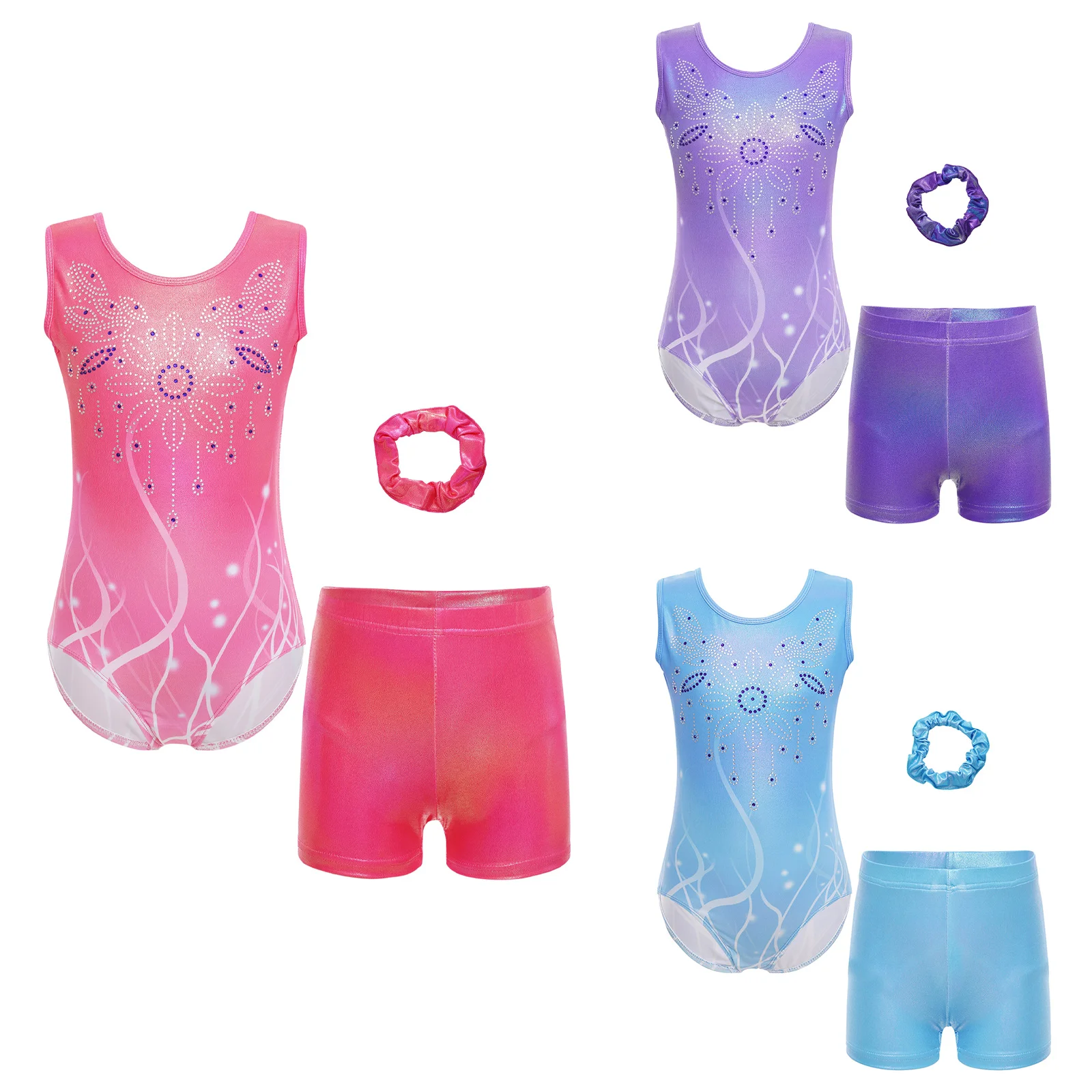 Kids Girls Gymnastics Outfits Rhinestone Flower Printed Sleeveless U Neck Dancing Athletic Leotards with Shorts Hair Band Sets