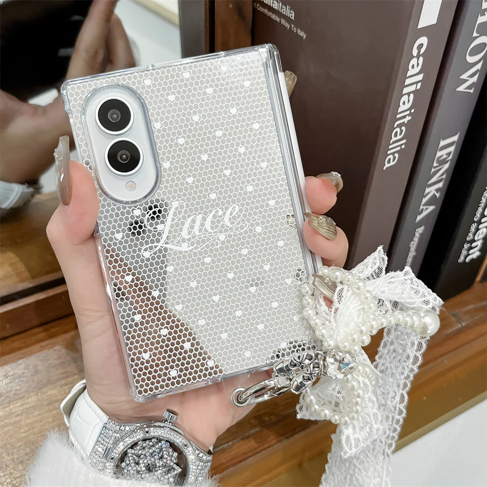 Phone Case For Samsung Galaxy Z Fold8 Ultra Fold7 Fold6 Lace Mesh Polka Dot Clear Cover With Bow Pearl Bead Pendant Keychain