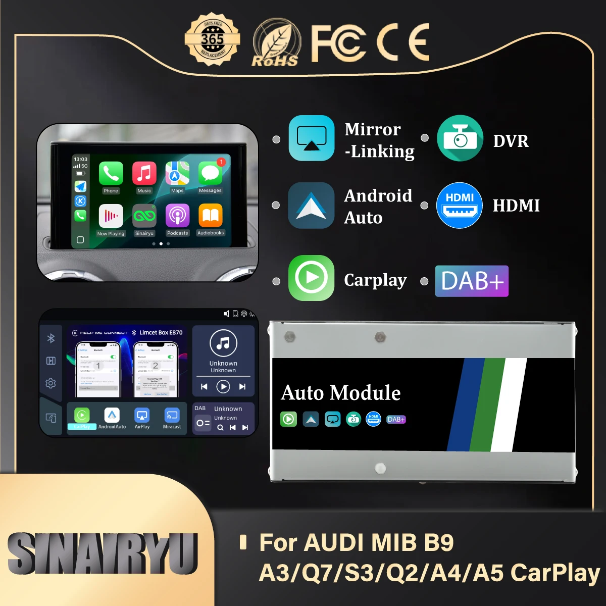 Wireless Apple CarPlay Android Auto DAB DVR Interface for Audi A3 S3 MIB B9 with AirPlay Mirror Link Car Play