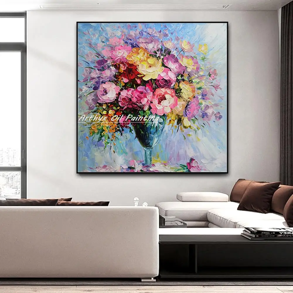 

Arthyx,Handpainted Thick Textured Flowers Oil Paintings On Canvas,Moderen Abstract Wall Art Picture For Living Beroom Home Decor