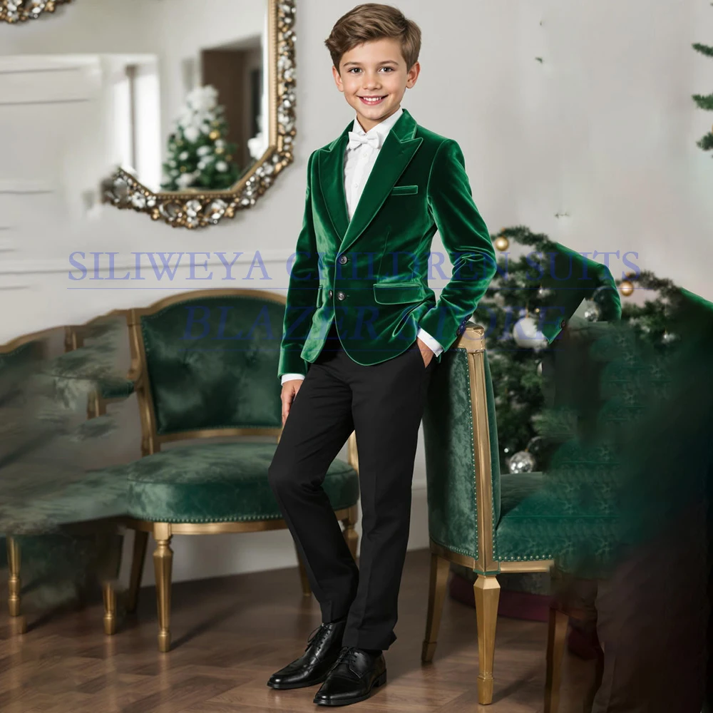 

Детские костюмы по индивидуальному заказу, модная однобортная приталенная куртка с острым лацканом, брюки, роскошная зеленая бархатная куртка, черные брюки