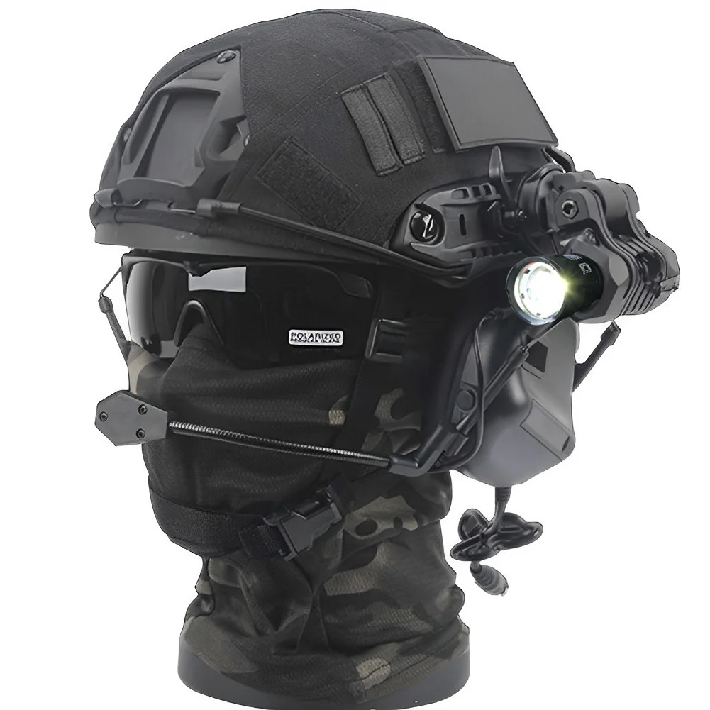 Black Airsoft Tactical Helmet Set, Outdoor Gaming Gear with Helmet Cover + Headphones, Flashlight, Goggles, Enhanced Protection