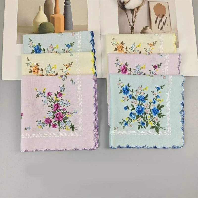 3/6Pcs Ladies Printing Floral Handkerchief Cotton Handkerchiefs For Women Soft Fabric Printed Design Y166