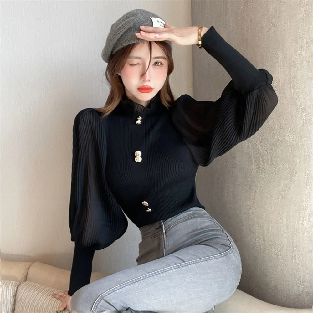 Patched Full Chiffon Lantern Sleeve Knitted Sweaters Jumpers Crop Tops Girls Turtleneck Solid Buttons Sweater Pullovers Women