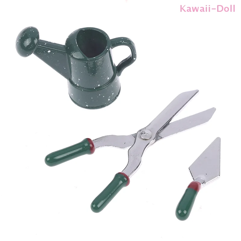 1Set 1: 12 Mini Metal Green Watering Pot Scissors Shovel Model Dollhouse Gardening Tool Set