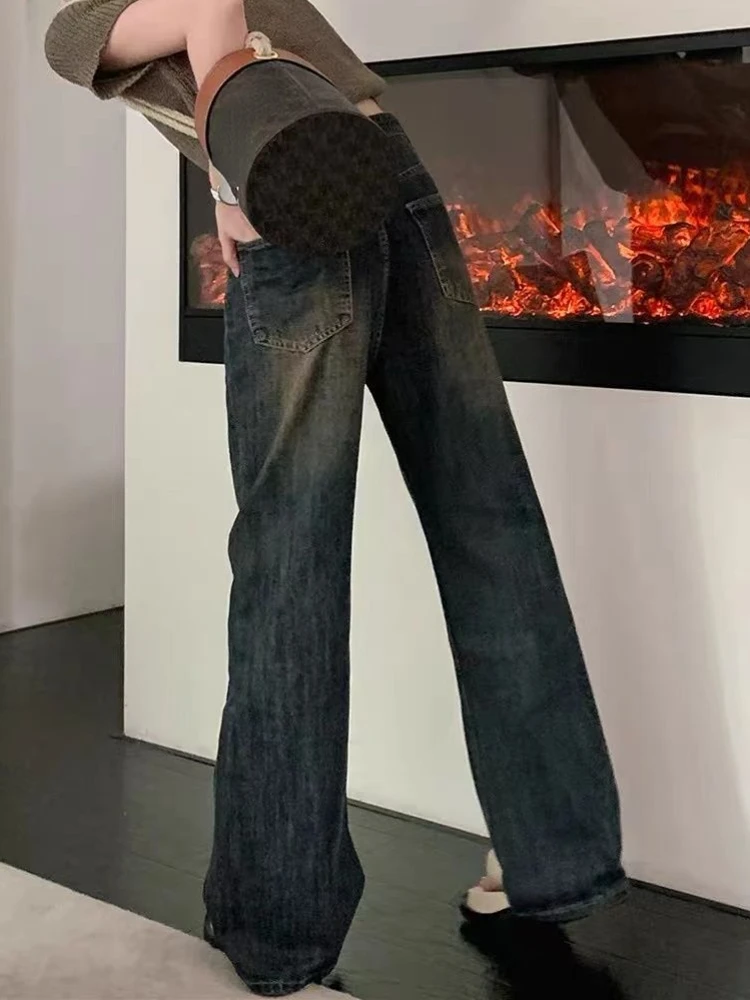 Jeansy w stylu Distressed damskie w stylu Vintage w stylu amerykańskim Denim pełnej długości szykowne wszystkie mecze główna ulica proste luźne