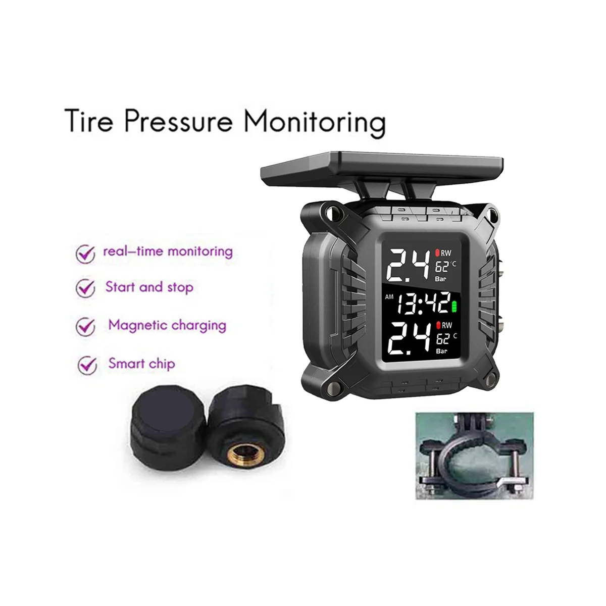 Wireless Motorcycle TPMS Tire Pressure Monitoring System Solar External Sensor Temperature Monitor Water Proof B Style