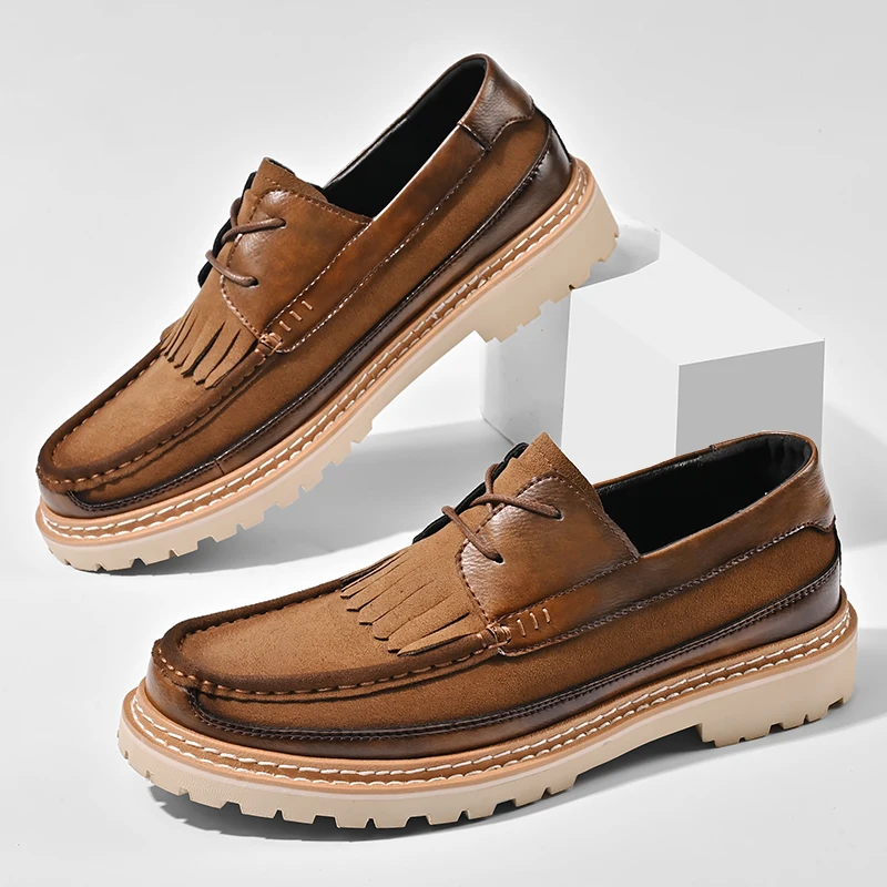 Fashionable Trendy Tassel Loafers Men New Style Frosted Height Increase Breathable Retro High-end Feeling Lazy Single Shoes