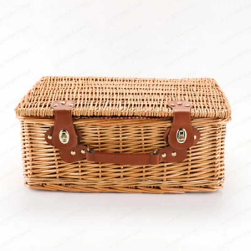 Handwoven Rattan Picnic Basket with Lid – Insulated Storage Box for Outdoor Camping, Tableware Organizer with Handle