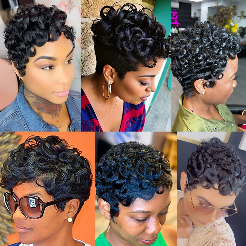 짧은 픽시컷 가발, 루즈 컬리 웨이브 레이어드 버진 브라질리언 레미 인모 가발, 앞머리 포함, 여성용 풀 머신 메이드 가발