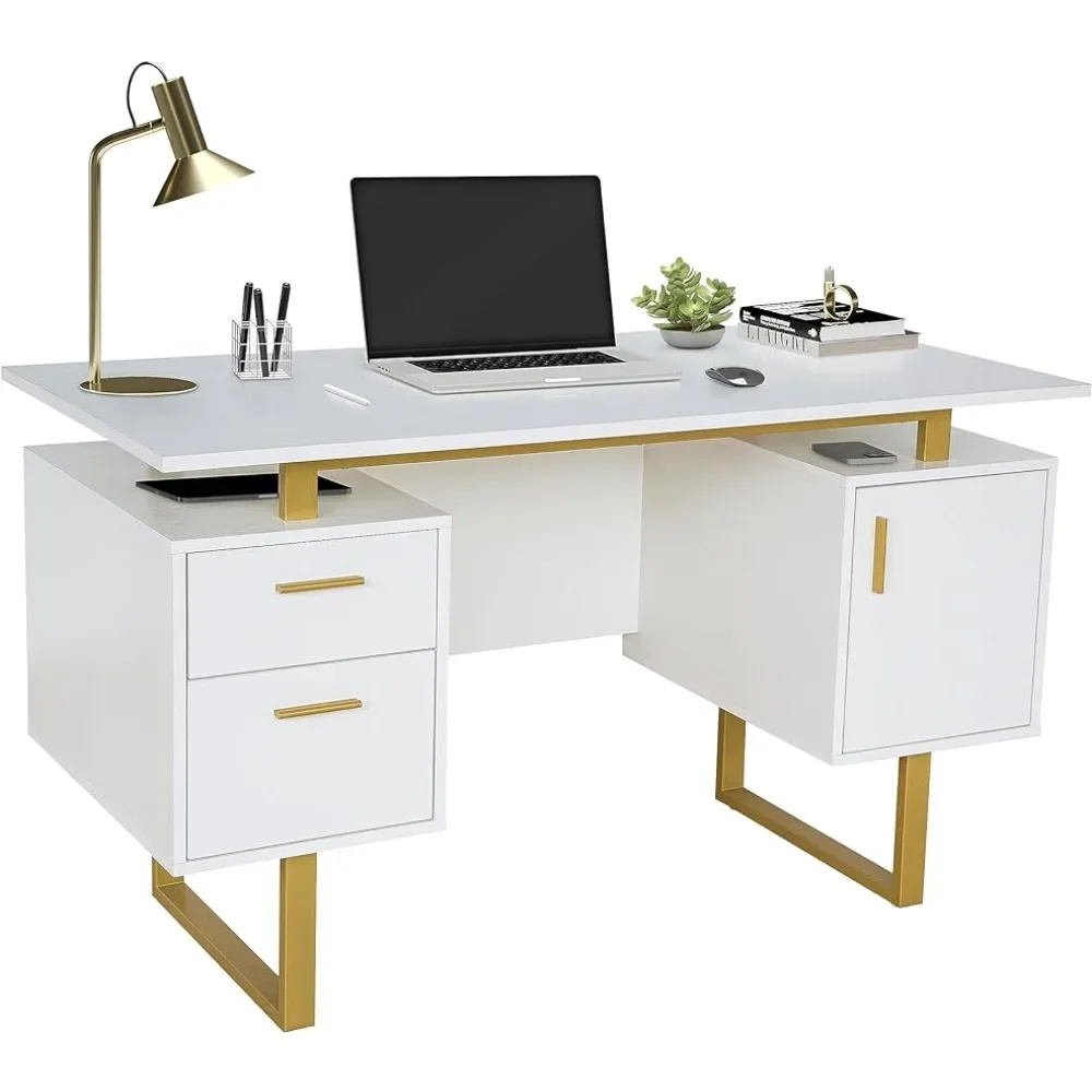 Techni Mobili Storage Drawers and Cabinet 51.25” W-Modern Office Large Floating Desktop Surface Desk, White/Gold