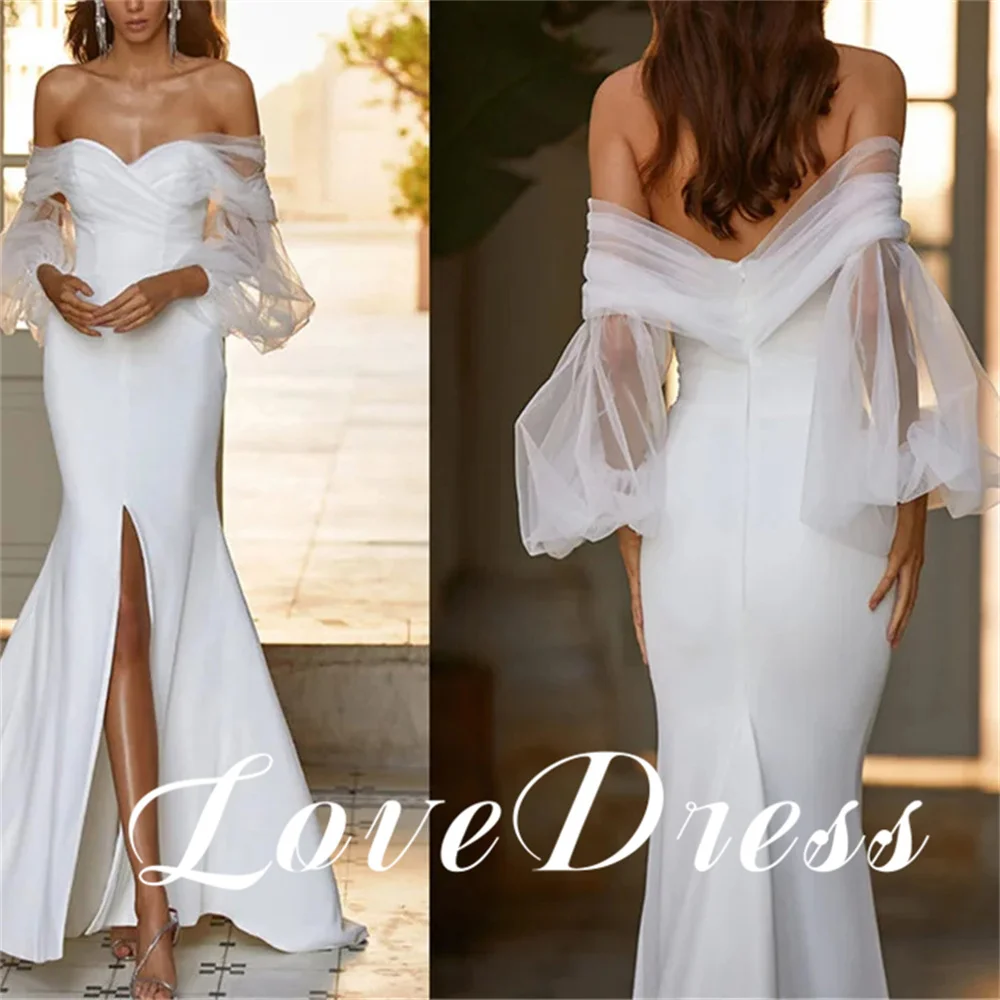 Love Elegant Sweetheart Tulle Off Shoulder Stain Meimaid Wedding Dress Three Quarter Side Slit Backless Floor Length Bridal Gown