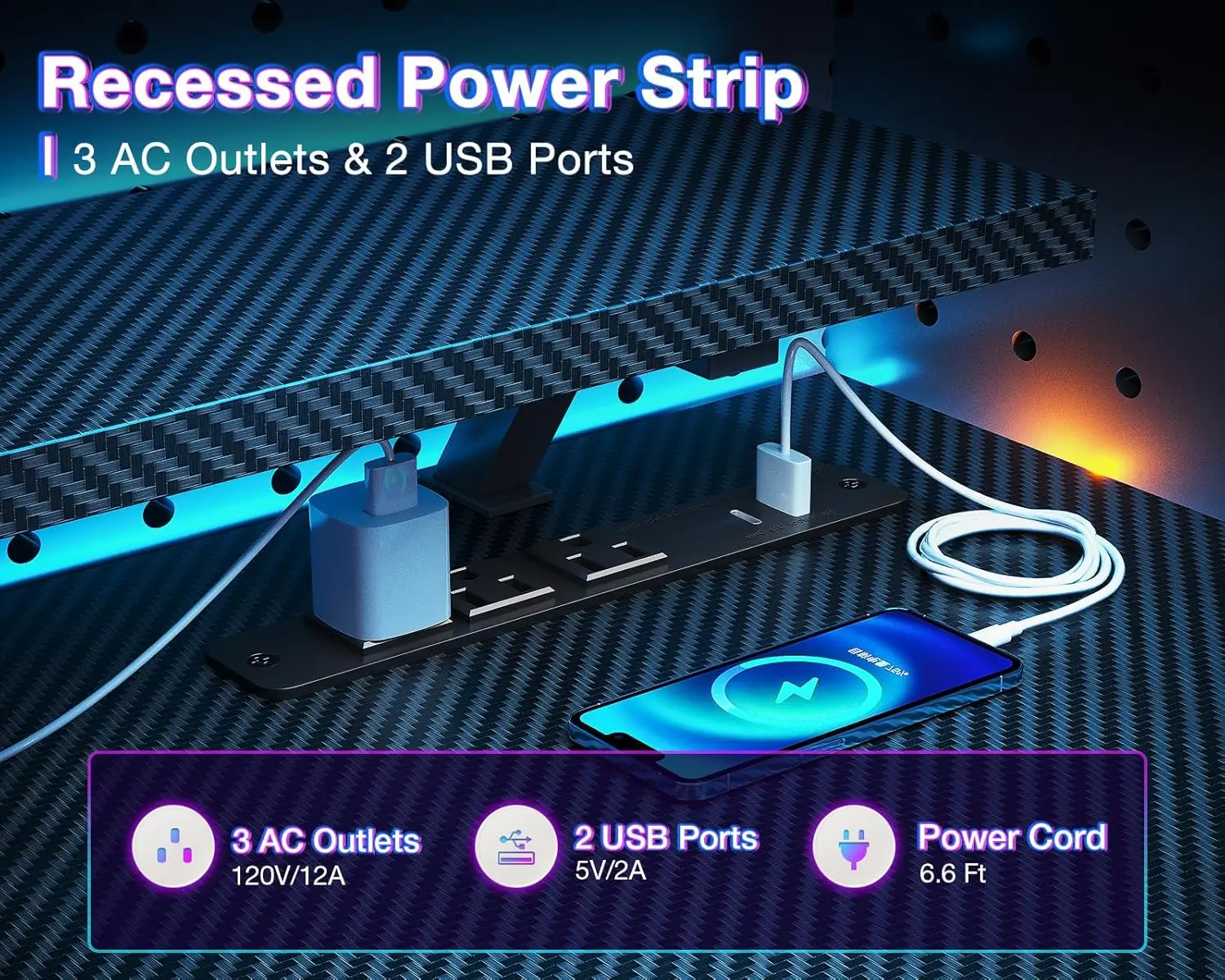 مكتب ألعاب قابل للعكس مع منافذ طاقة وأضواء LED، مكتب كمبيوتر مقاس 48 بوصة مع أرفف تخزين وحامل شاشة، حديث مع