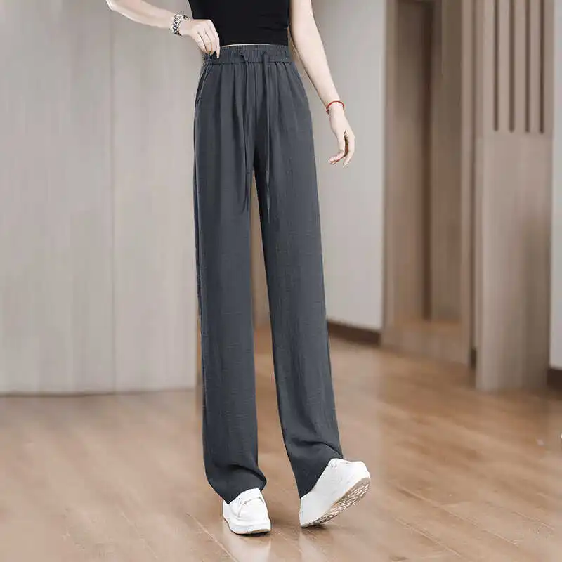 

Ice Silk Cool Wide-Leg Pants Women's Western Style High Waist Thin Straight Pants Drooping Slimming Casual Pants