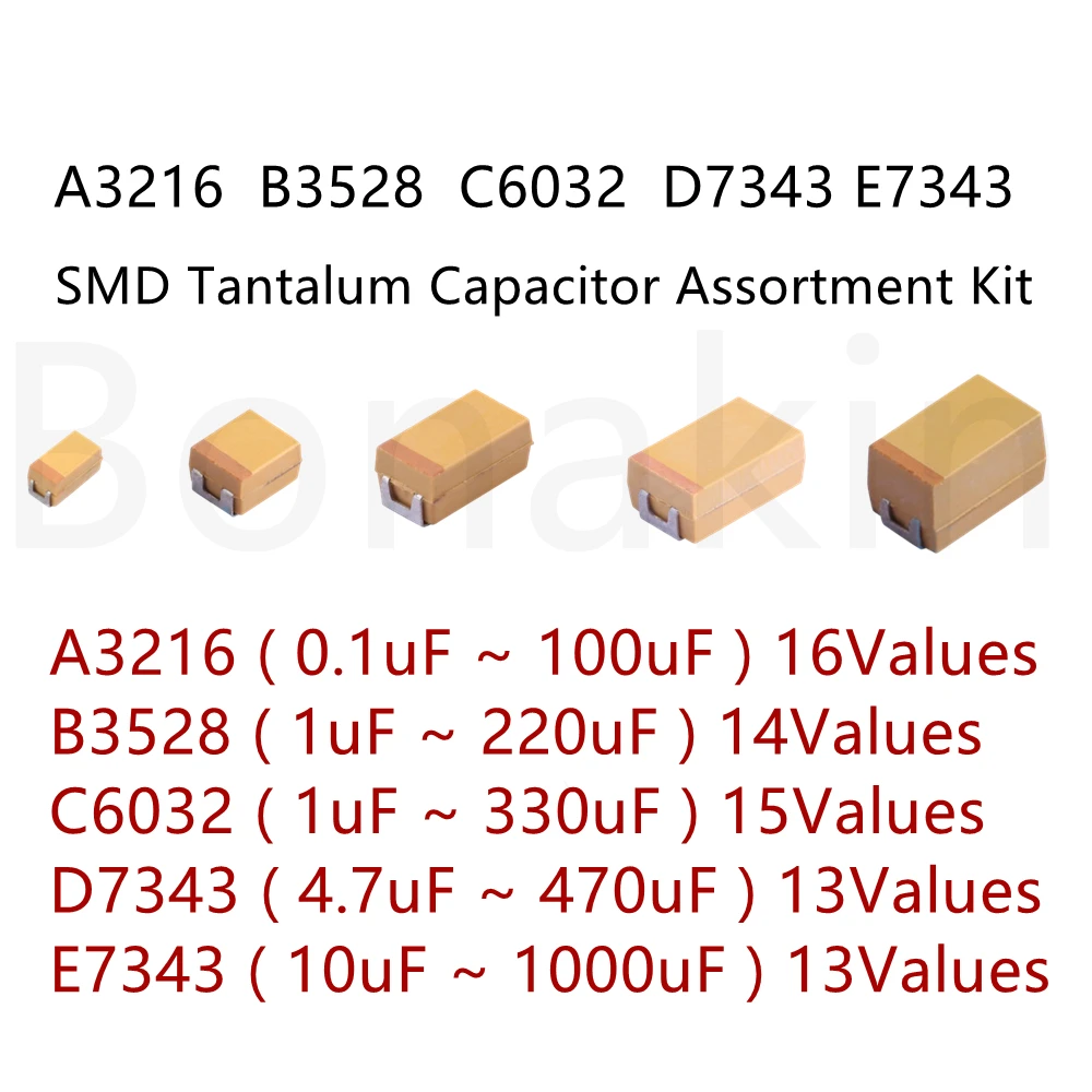 

A B C D E 3216 3528 6032 7343 SMD Tantalum Capacitor Assortment Kit 1UF 2.2UF 4.7UF 10UF 22UF 33UF 47UF 100UF 220uF 330UF 470UF