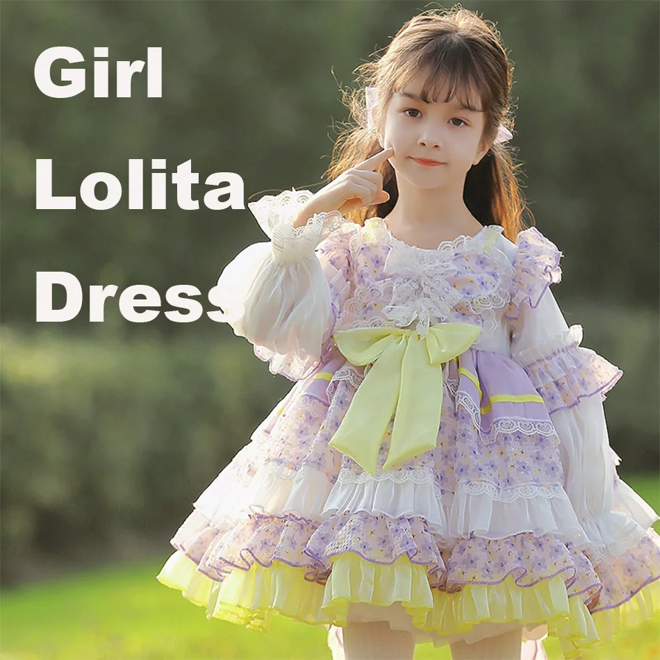 

Милое платье в стиле Лолита с цветочным принтом для маленьких девочек, многоярусная юбка с рюшами, пышные рукава, праздничное платье с желтым бантом, детская модная одежда