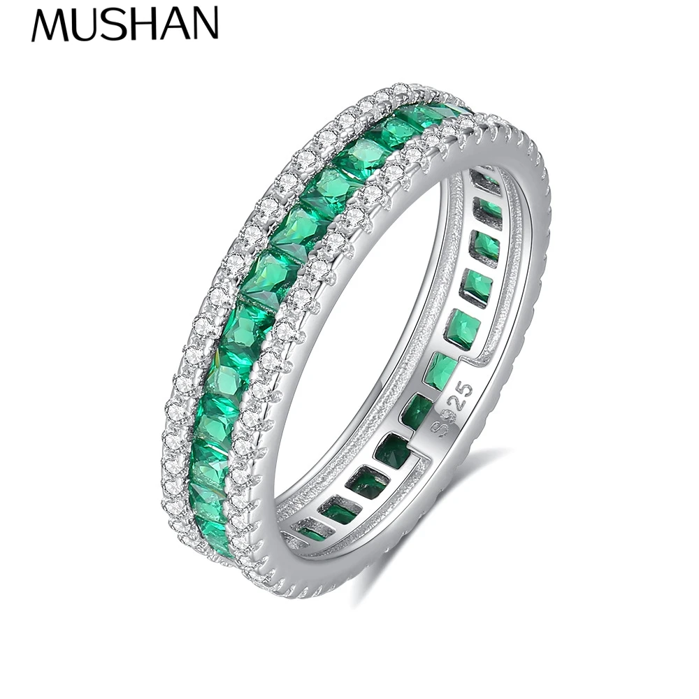 

MUSHAN Luxury Jewelry Double-row diamond-encrusted green square diamond ring, S925 sterling silver elegant jewelry for women