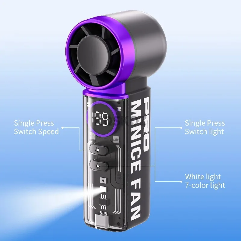 Portable Handheld Mini Fan USB Rechargeable 5 Speeds LED Display Flashlight with Lanyard for Makeup Travel Outdoor K824