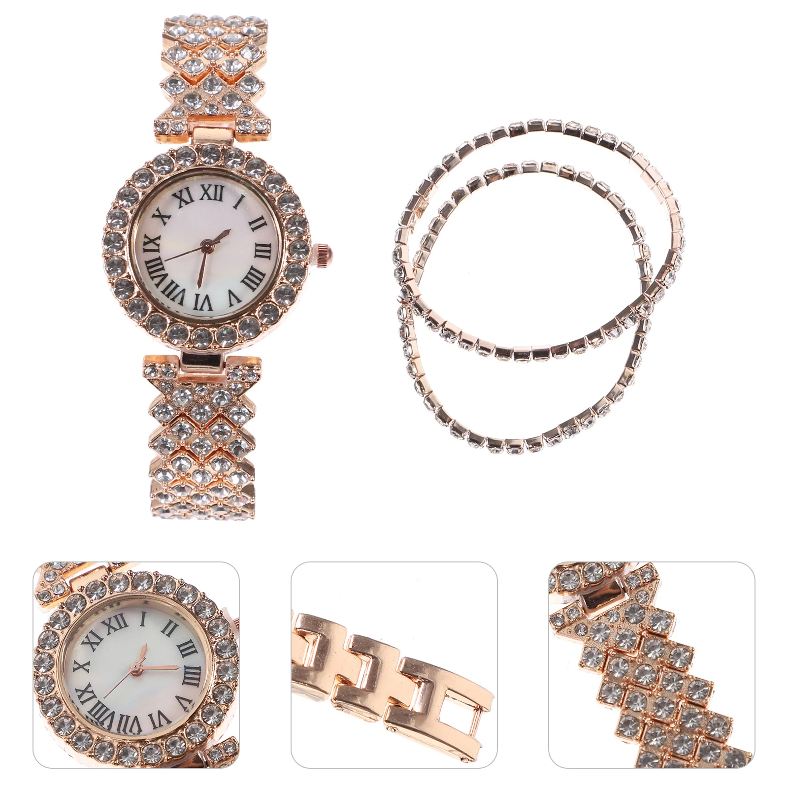 

2Pcs Rhinestone Watch Quartz Stainless Steel Women Bracelet Shiny Fashion Timepiece Accessories Jewelry Gift