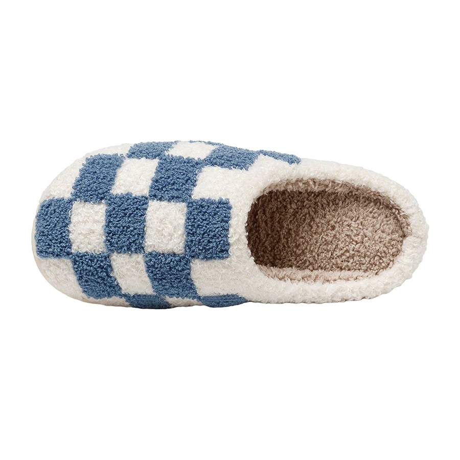 Fuzzy Women Men Slippers Fashion Checker Embroidery Houseshoes Cozy Fluffy House Retro Checkered Print Winter Home Shoes