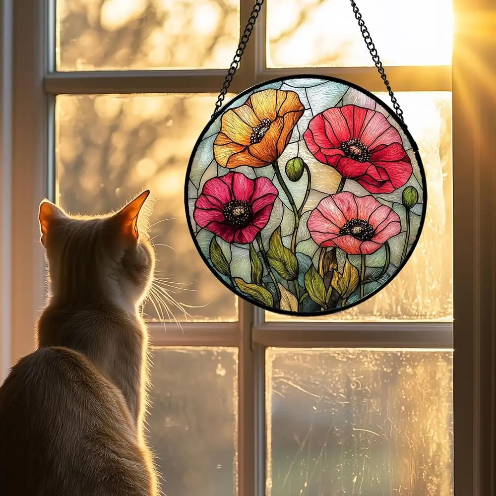 

Витражная подвеска на окно, красно-оранжевая, с цветами, ловец солнца для дверей, сада, двора, декор с цветами, ловец солнца, рождественский мотив