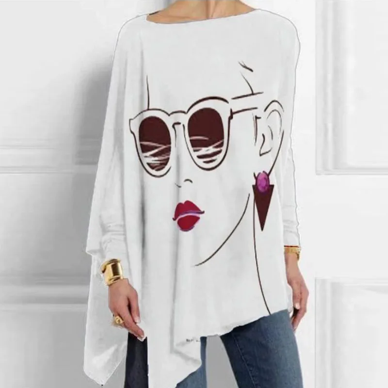 Elegant Abstract Face Print Irregular Tee Shirt Top Summer Casual Long Sleeve Oversized Blouse Vintage O Neck Harajuku T Shirt