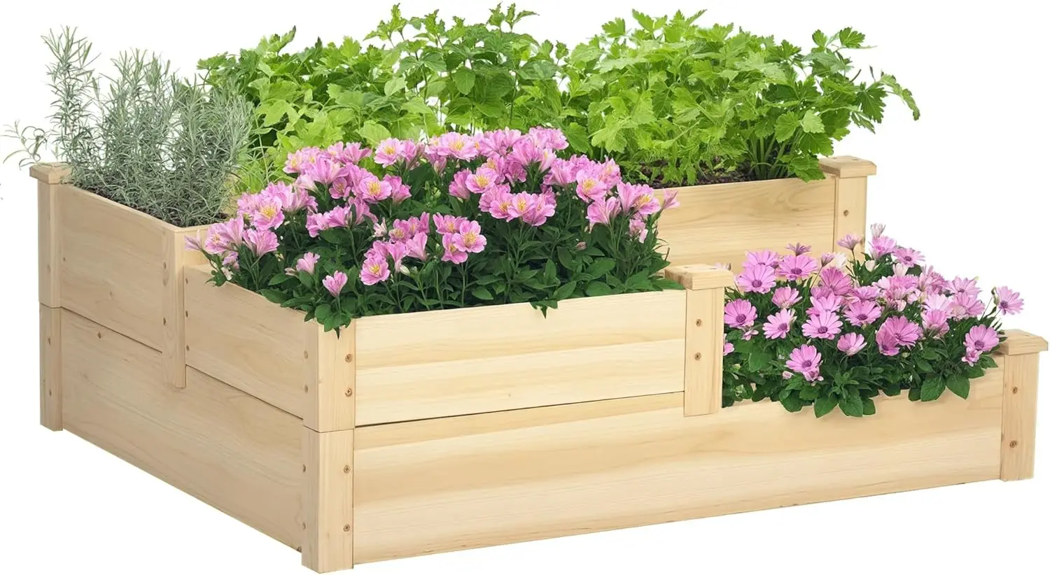 3 Tier Raised Garden Bed, Outdoor Planter Box, Wooden Garden Box with Open Bottom for Growing Vegetables, Herbs, Flowers, 42.5" x 34.75" x 14.25", Natural
