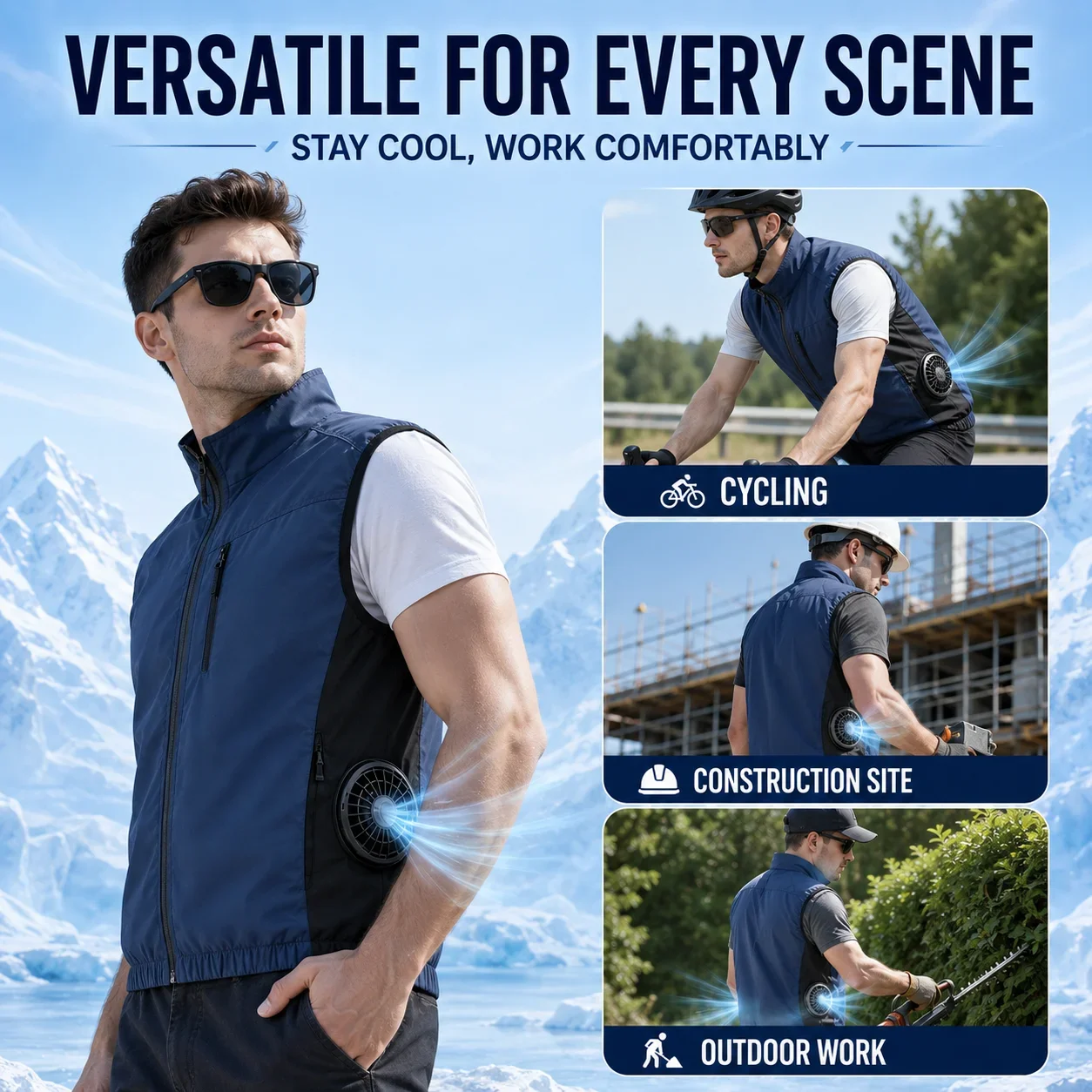 Men's Powerful Side-Fan Cooling Vest Lightweight Breathable Summer Workwear for Fishing Hiking Construction Outdoor Activities