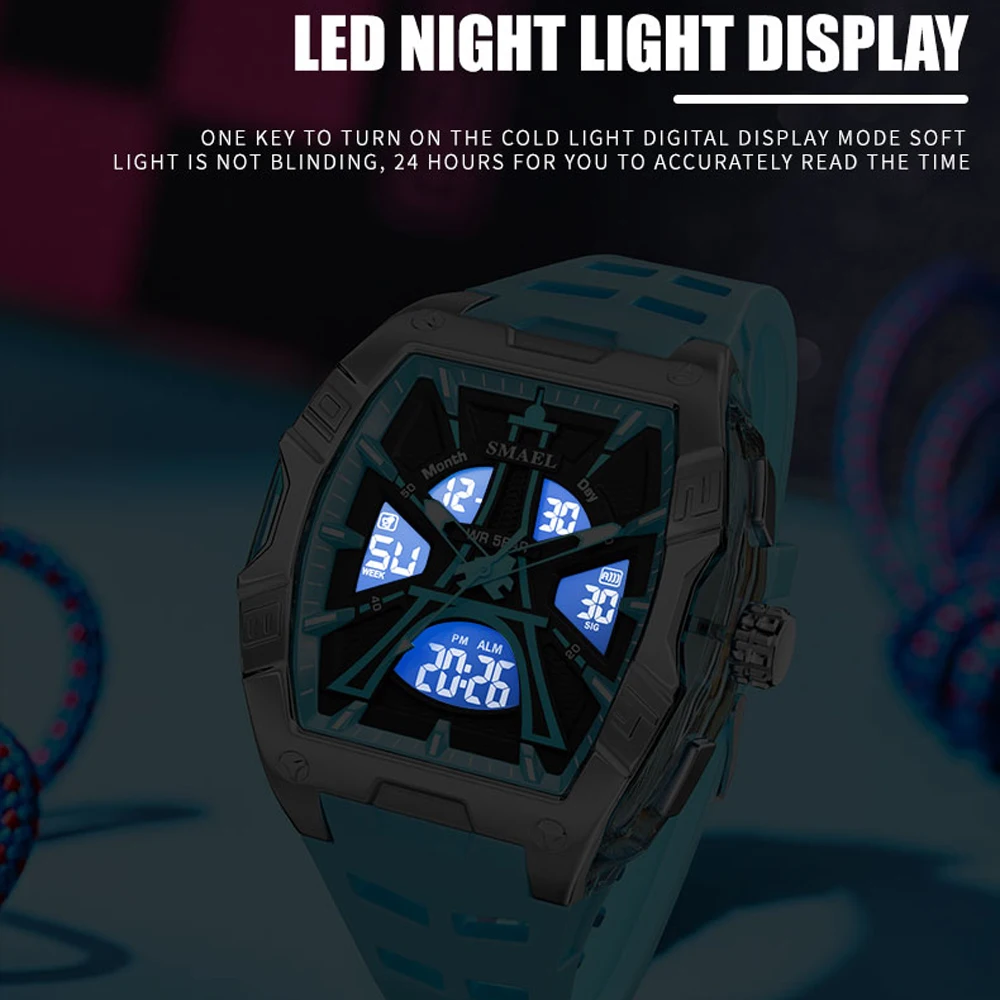 Fashion Smael Brand Men Waterproof Luminous Led Quartz Chronograph Multi Functional Dual Movement Wine Barrel Shape Sports Watch