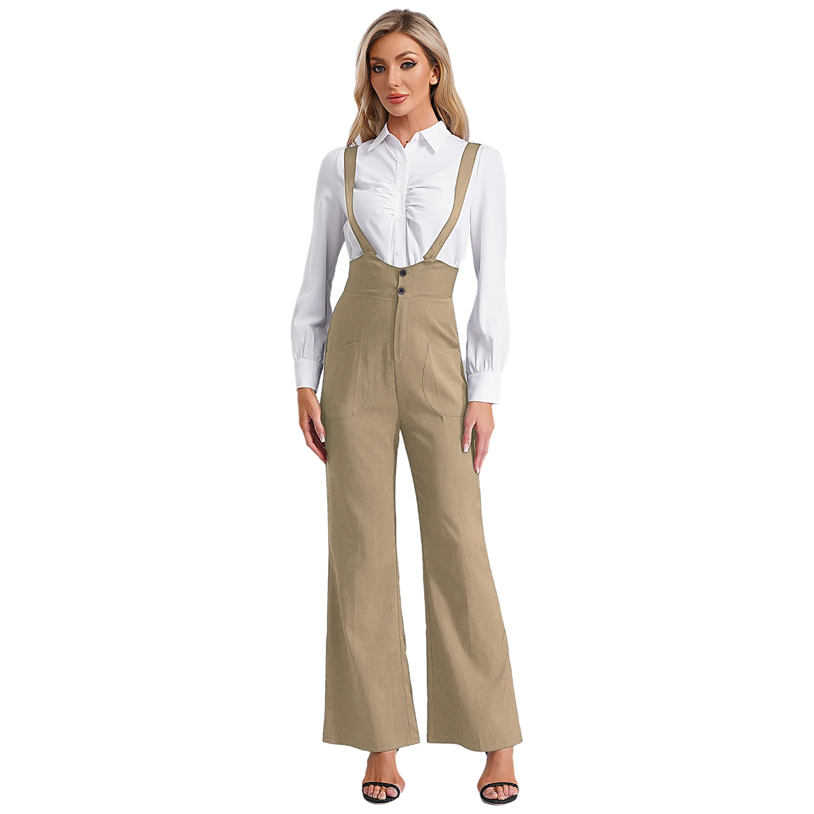 

Formal Interview Meeting Costumes Elegant Womens Suspender Trousers High Waist Wide-Leg Pants Overalls for Office Work Business