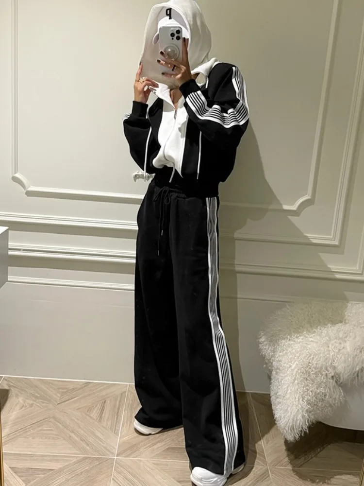 Faionable couleur Blo rayé Long Sve sweat à capuche Jaet femmes taille haute décontractée pantalons longs ensemble automne nouveauté rue...