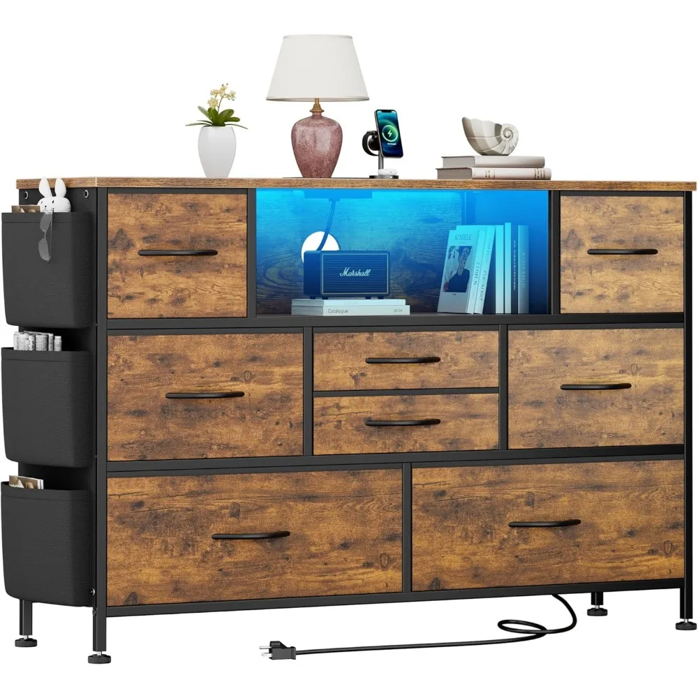 

Dresser for Bedroom with 8 Drawers, Dresser TV Stand with LED Lights, Fabric Chest of Drawers with Side Pocket for Living Room