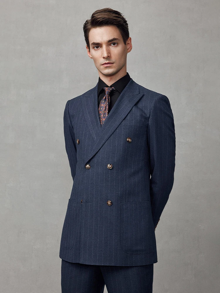 

Navy Blue Striped Double-Breasted Suit for Men Premium Wedding Tuxedo & Business Formal Attire Versatile Office Commuting Blazer