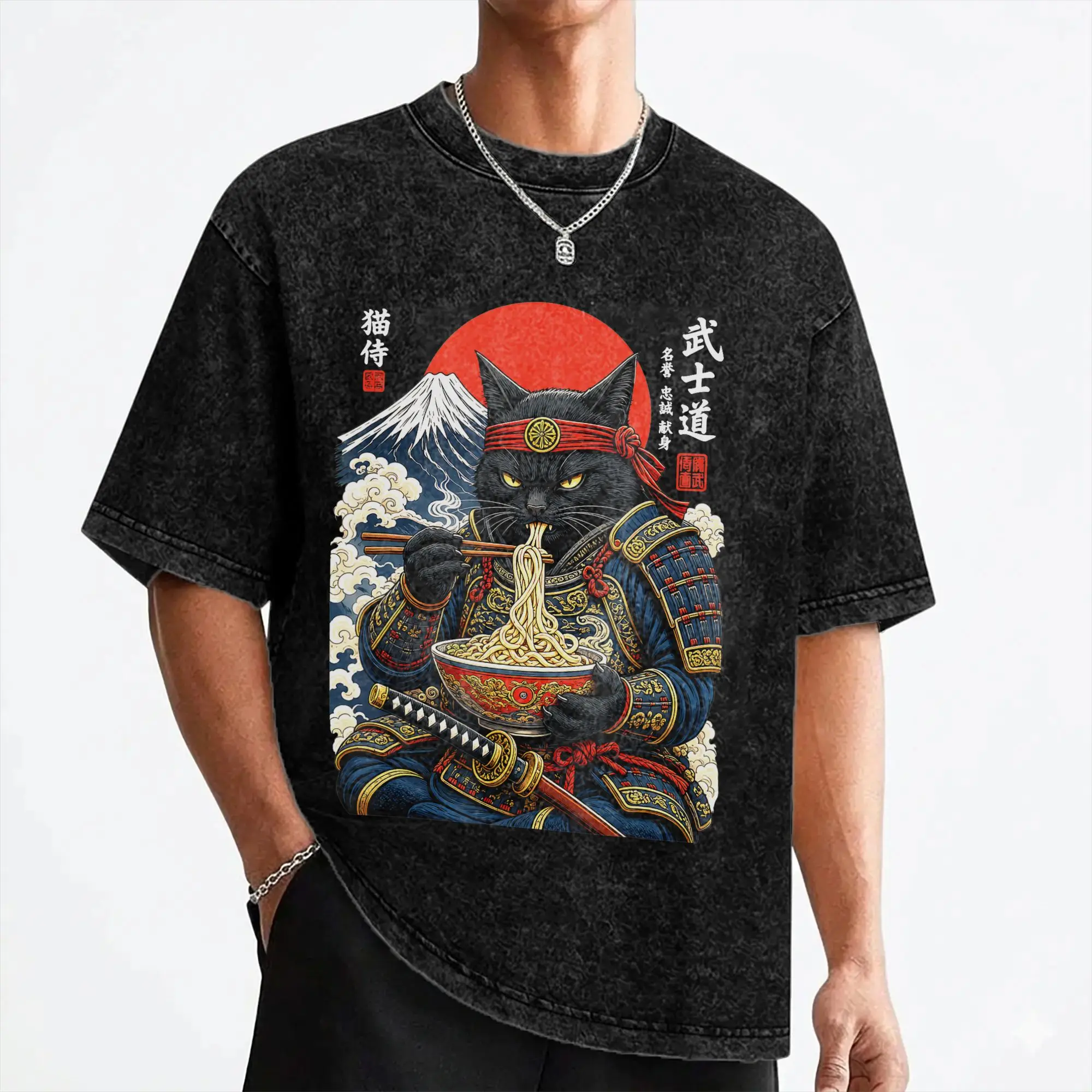 Washed T Shirt Black Cat Samurai Eats Ramen Funny Feline Warrior Hip Hop Vintage T-Shirt Harajuku Streetwear Tops Tops Tees Men