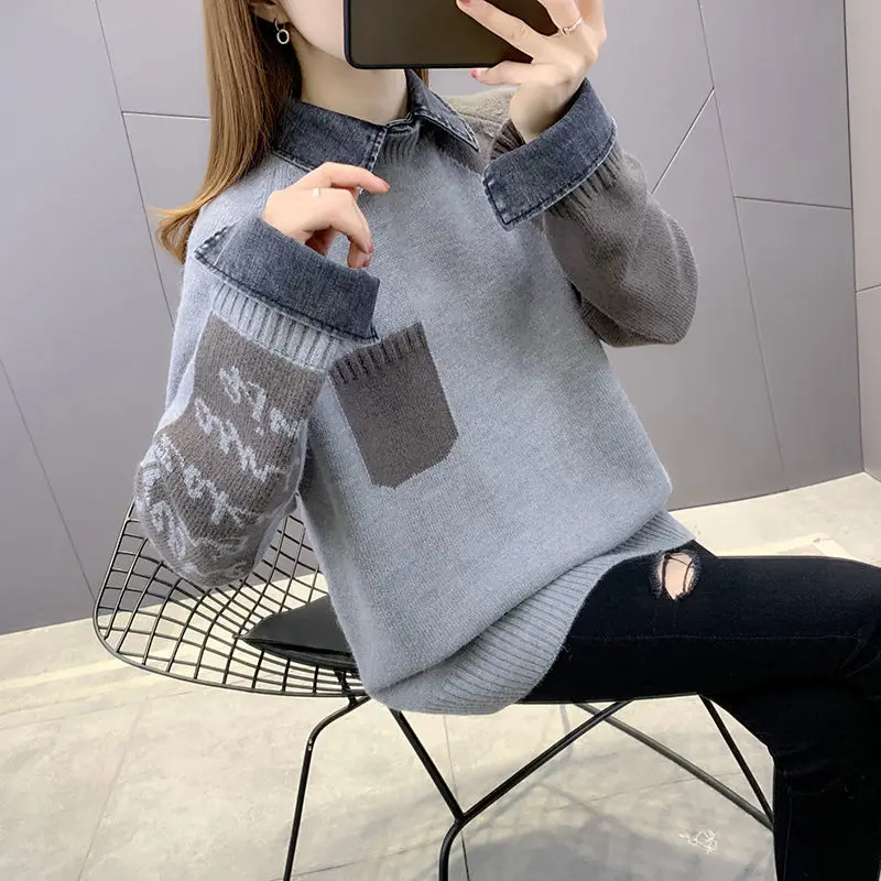 

Bottoming Shirt Women Autumn Female Fake Two Stitching Slim Knit Ladies Long Sleeve Retro Fashion Sweater Pullovers G124