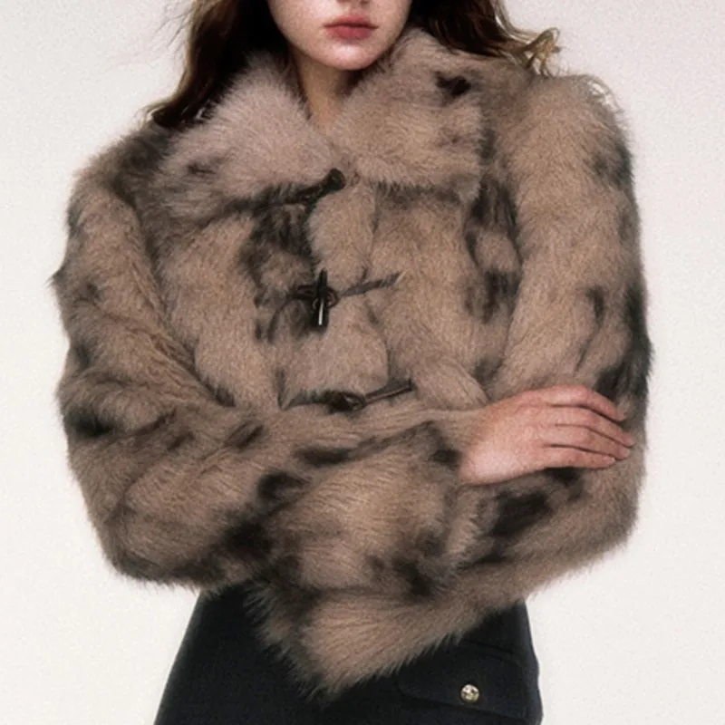 Winter dik bont pluizig chic luipaard jassen tops bovenkleding 2025, nieuwe hoorn schakelknop namaakbont turn-down revers jassen