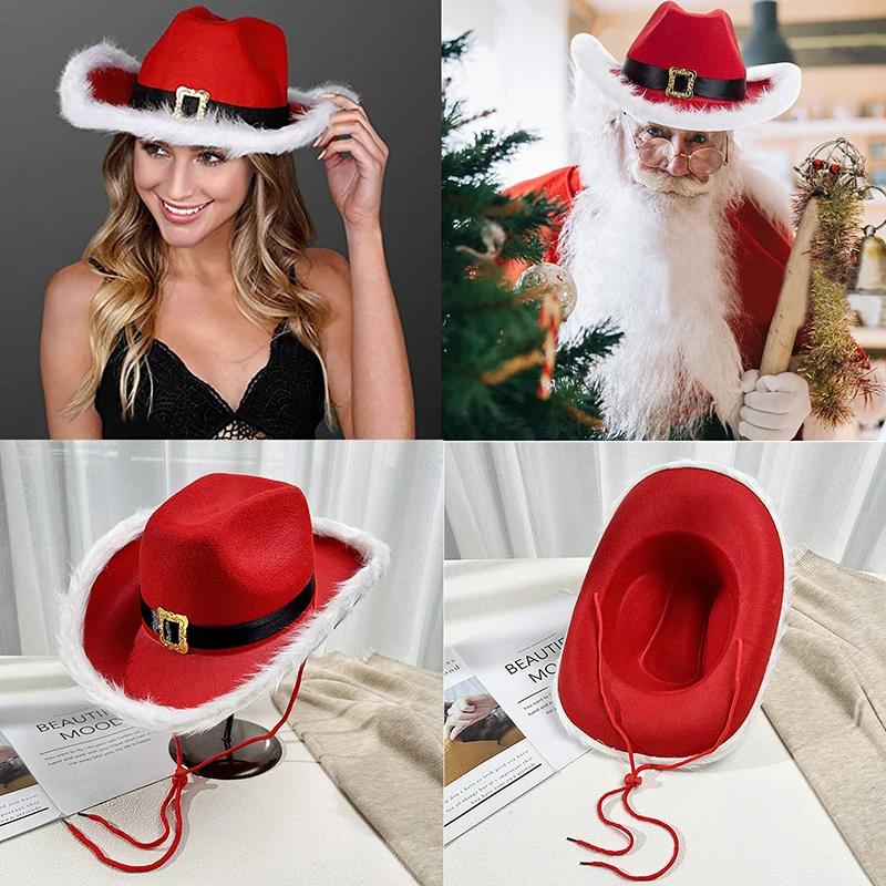 Christmas Red Cowboy Hat Winter Women Men Feather Black Belt Soft Hats Adjustable Comfortable Santa Cap