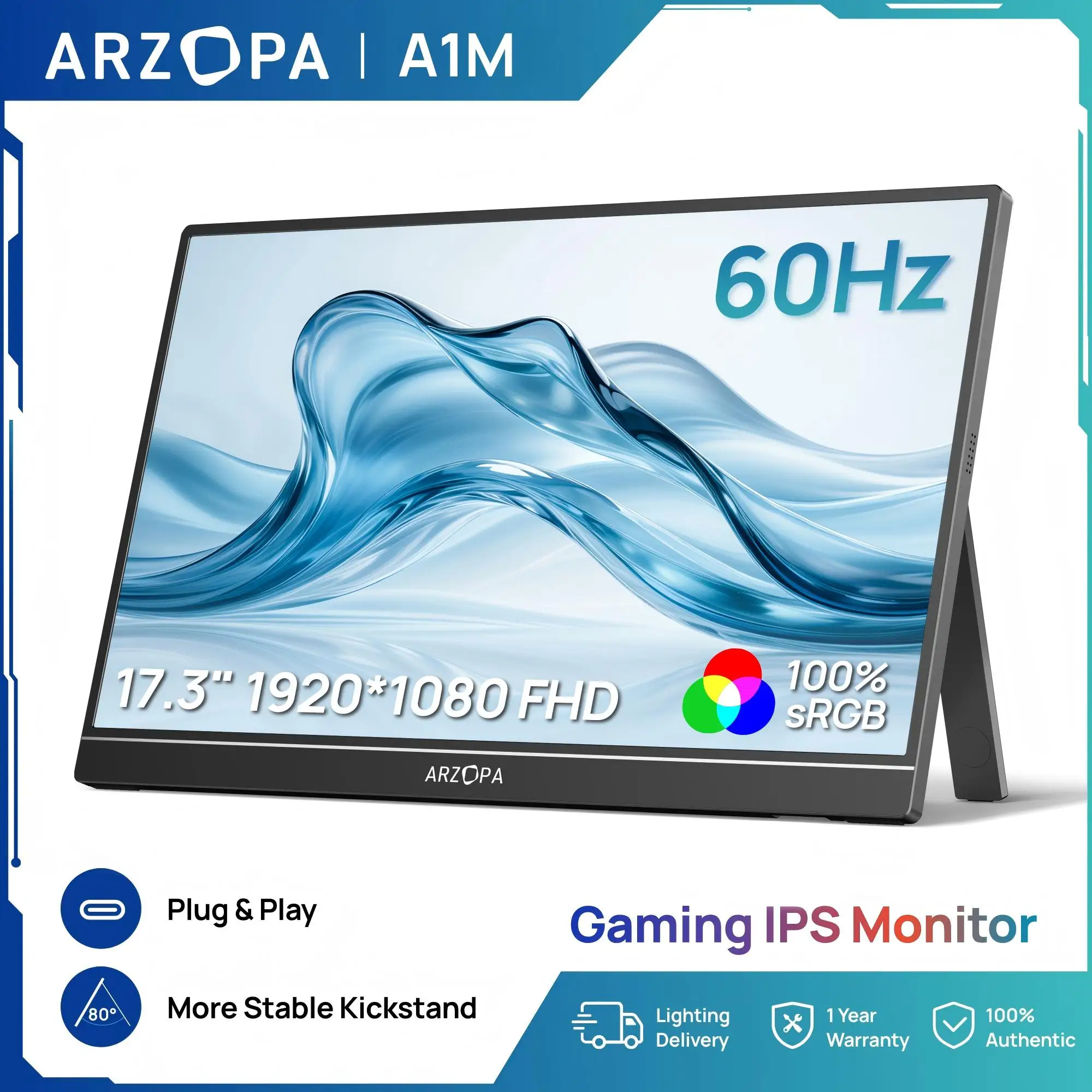 

ARZOPA 17.3inch 1080P FHD Portable Monitor IPS Screen External Display with type-C mini HDMI for Laptop Mac PC Xbox Switch A1M