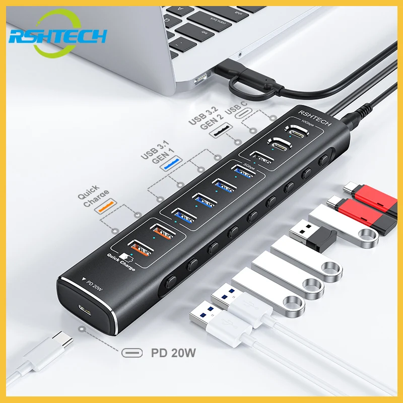 RSHTECH USB HUB 10Gbps Type-C PD USB3.2 USB C Hub 60W USB-A 3.2 QC3.0 Charging Ports Aluminum USB Splitter for Laptop/PC