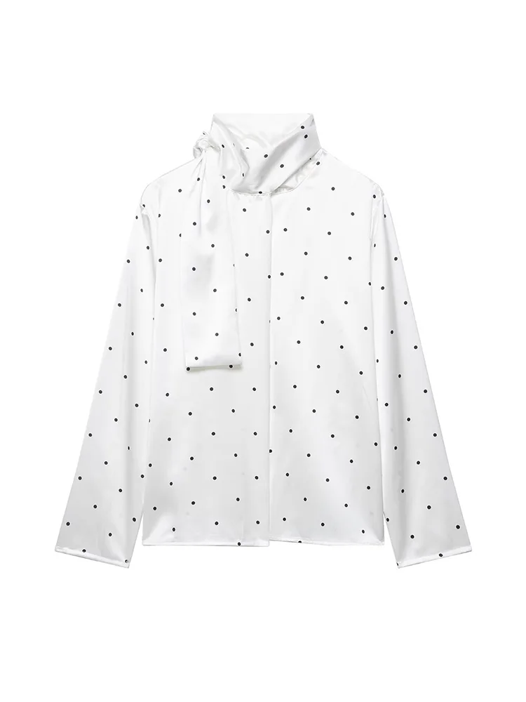 

Женская модная блузка с длинными рукавами, повседневная, в горошек, с воротником-шарфом, приталенная рубашка, весенний элегантный укороченный топ в стиле High Street