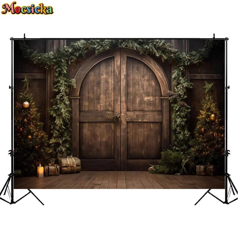 Photography Background Christmas Rustic Brown Wooden Door Xmas Tree Floor Decor Baby Kids Family Portrait Backdrops Photo Studio