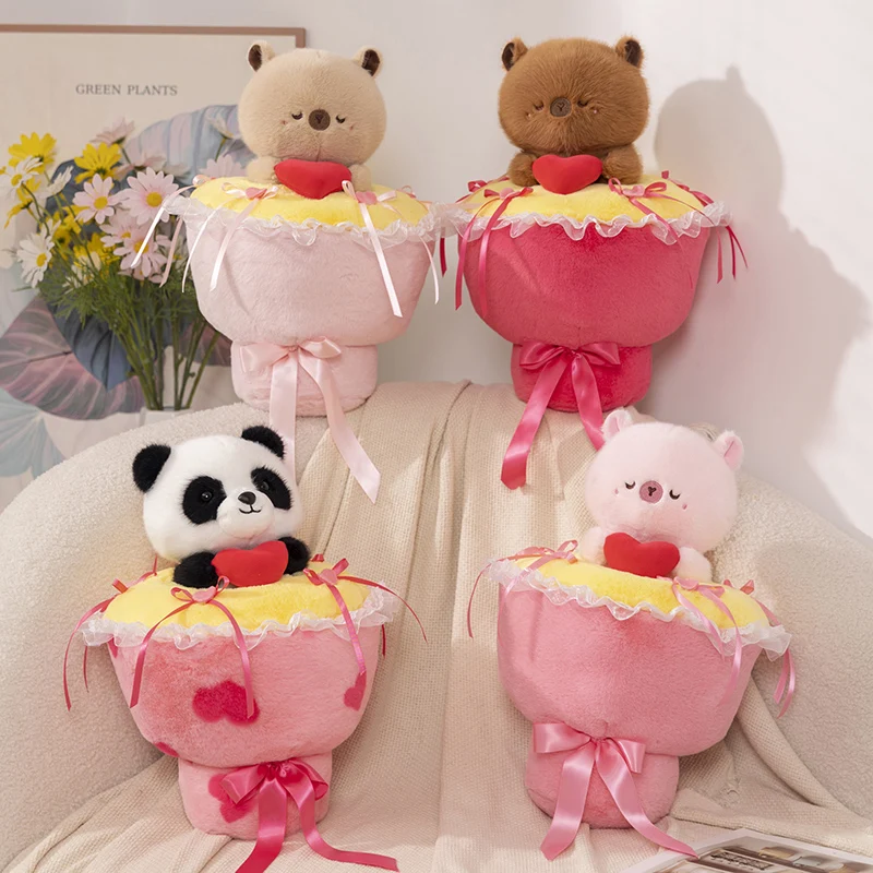 40CM Kawaii Panda Bear Bouquet Plush Toys Lovely Animal Capybara Turn to Bouquet Pillow Creative Valentine's Gift for Couple