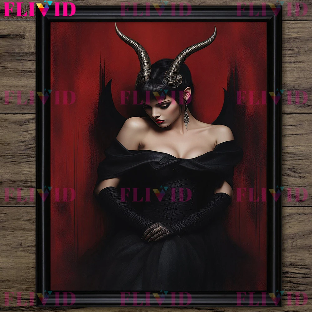 Gothic Dark Fantasy Art Poster And Print Horned Demoness & Rabbit Lady Wall Art Canvas Painting For Home Decor Unframed