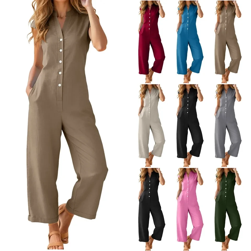 

Summer Jumpsuit Women Button Up Neck Sleeveless Romper With Pockets Casual Overalls Lightweight Solid Wide Leg Pants Bodysuits